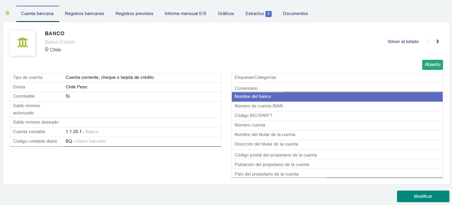 Panel de Bancos y Caja en Dolibarr