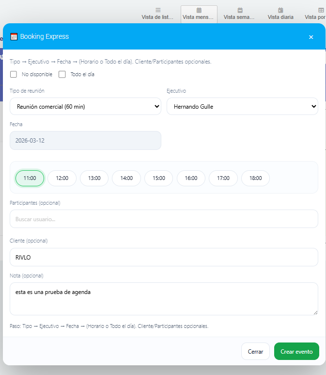 Booking Express Wizard en Agenda Dolibarr