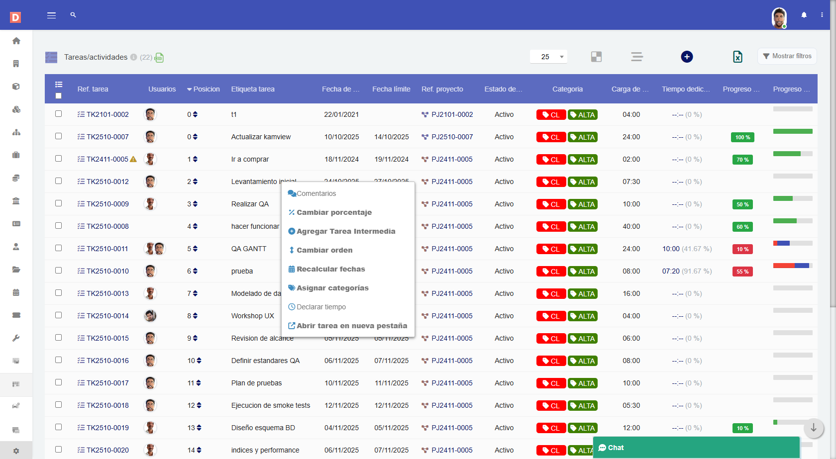 Vista de proyecto con Kanban, Gantt y progreso