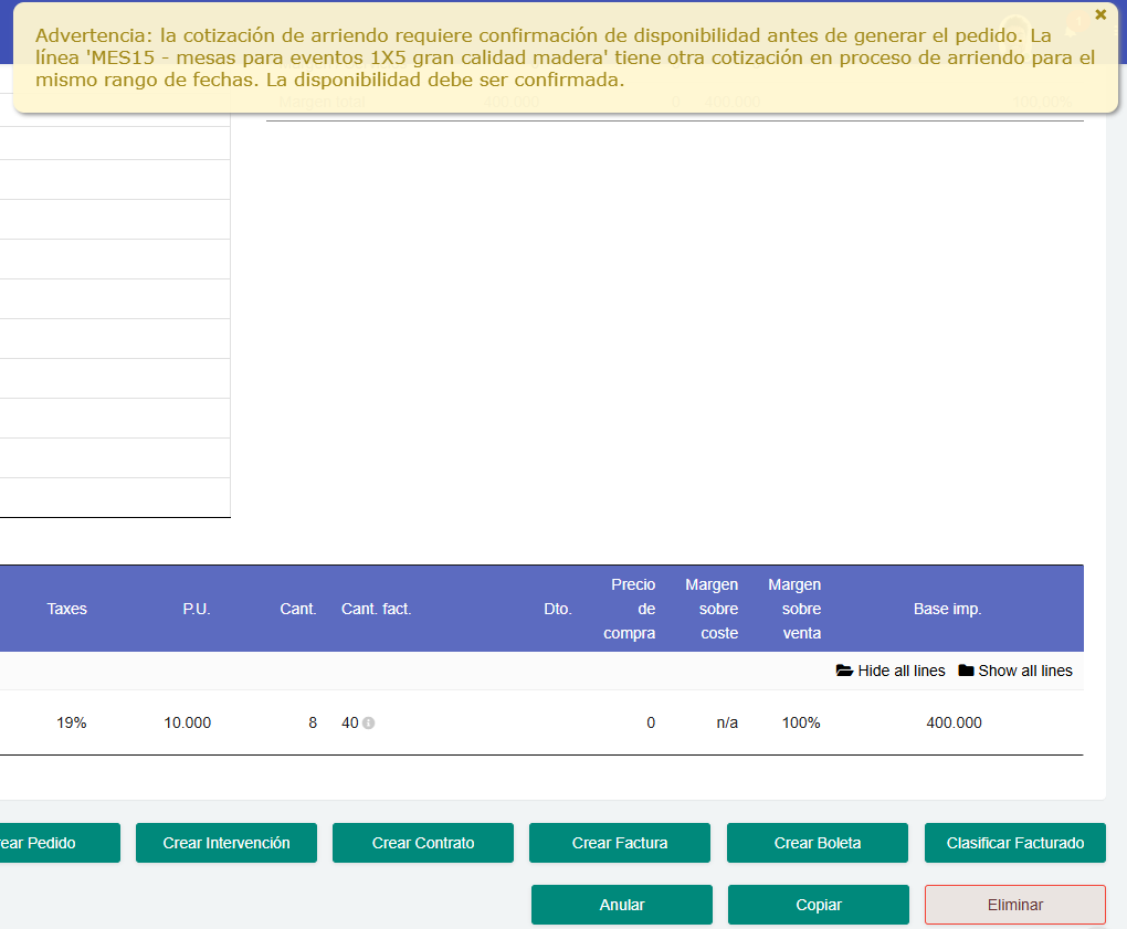 Disponibilidad de productos para arriendo
