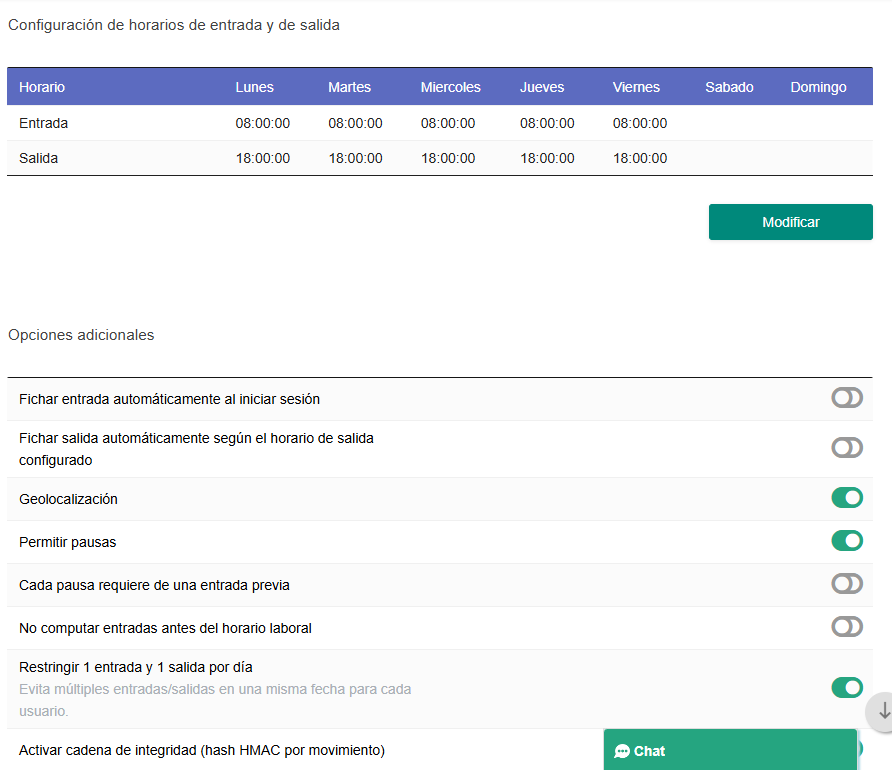 Configuración fichajes